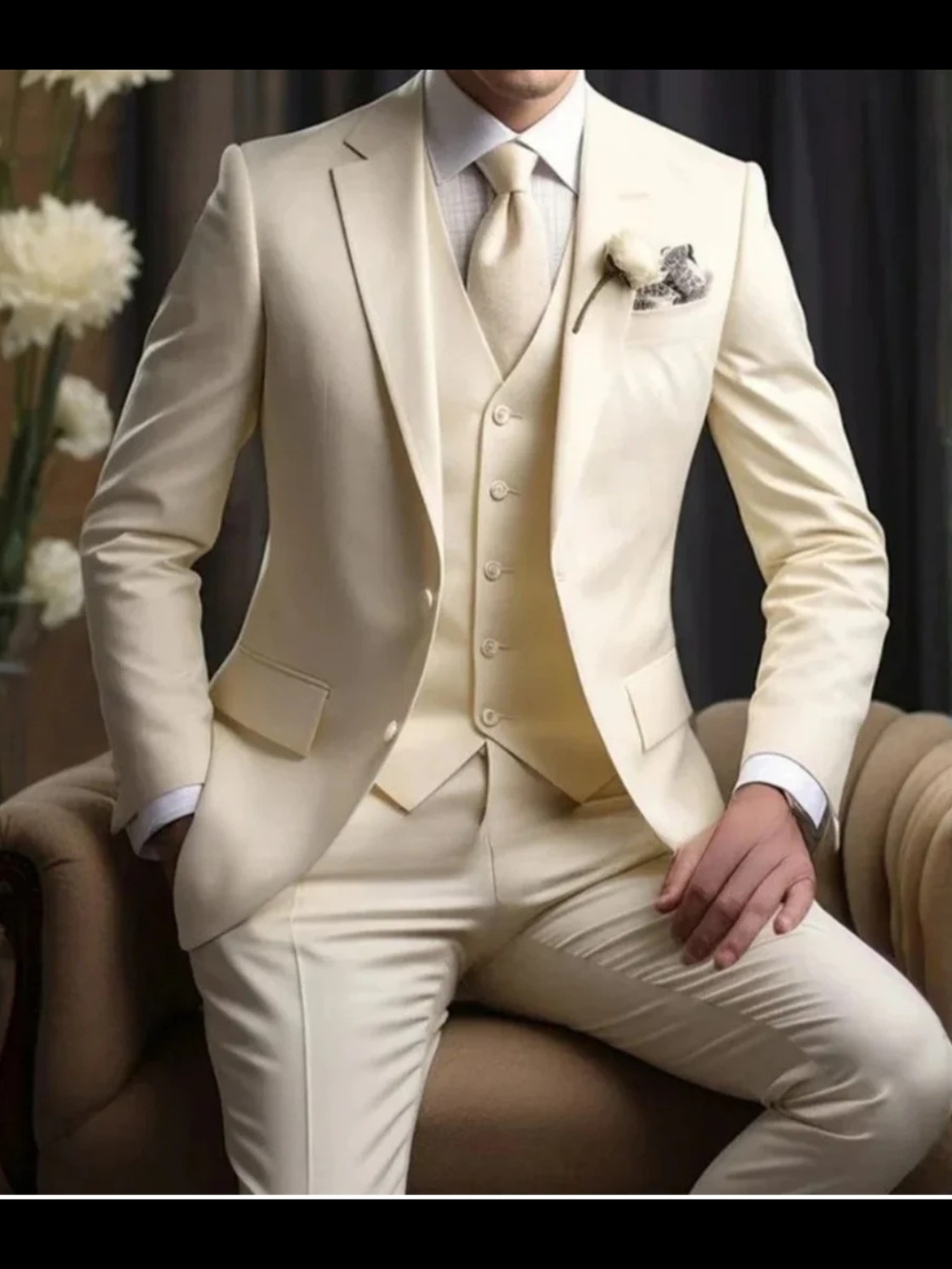 Elegant Cream Three-Piece Tailored Suit with Vest